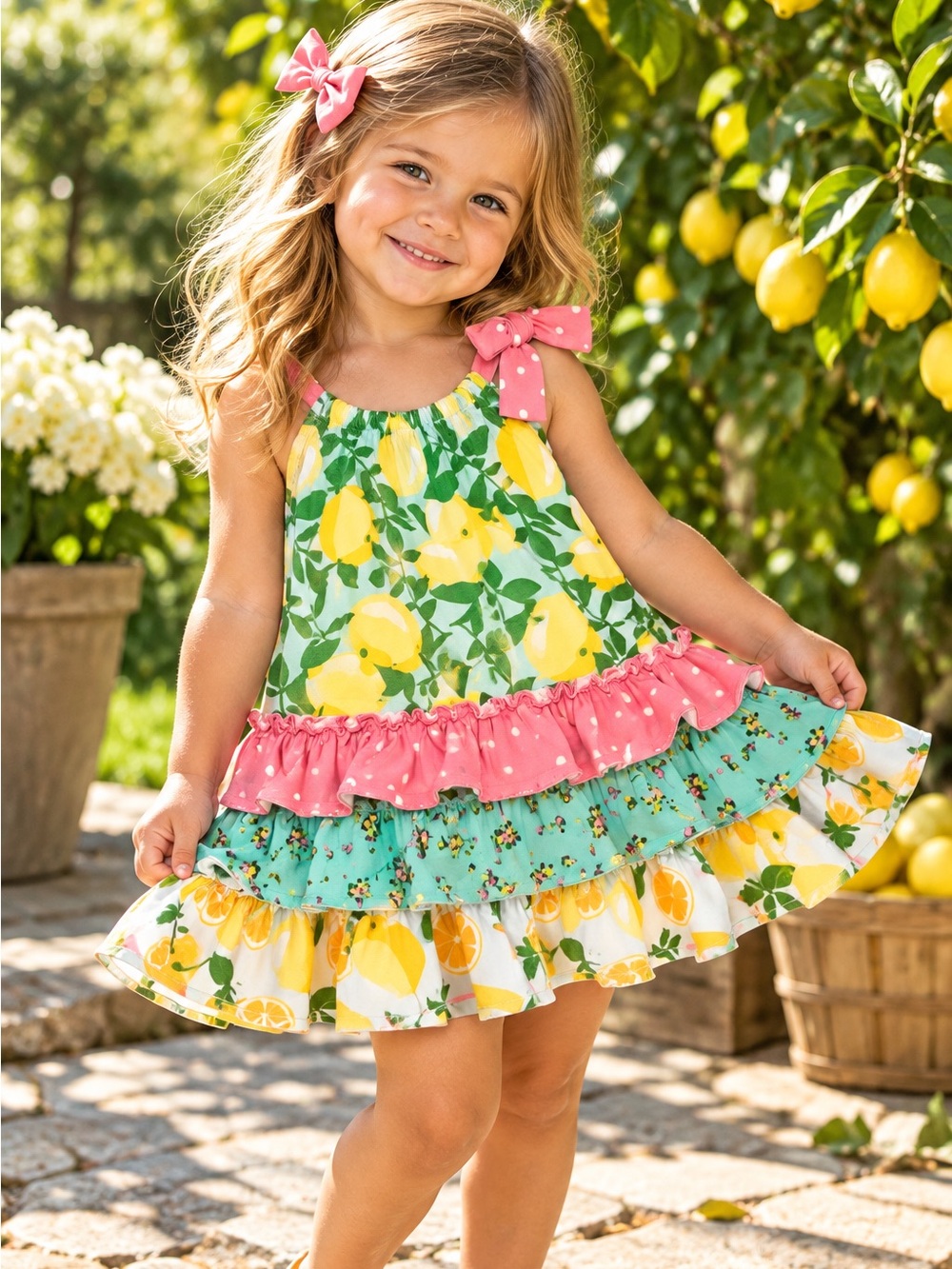 Matilda Jane Girls Size 2 Lemon Ruffle Dress Tunic Pink Bow